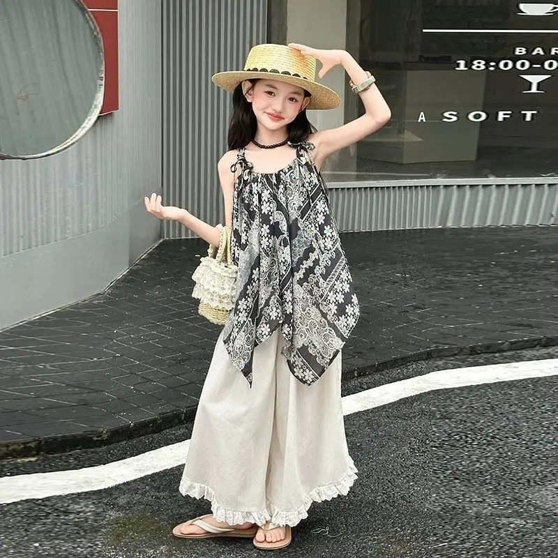Lace Skirt Pants Girls Set 2026 Summer New Middle Big Kids Floral Strapless Girl Stylish Wide Leg Pants Set