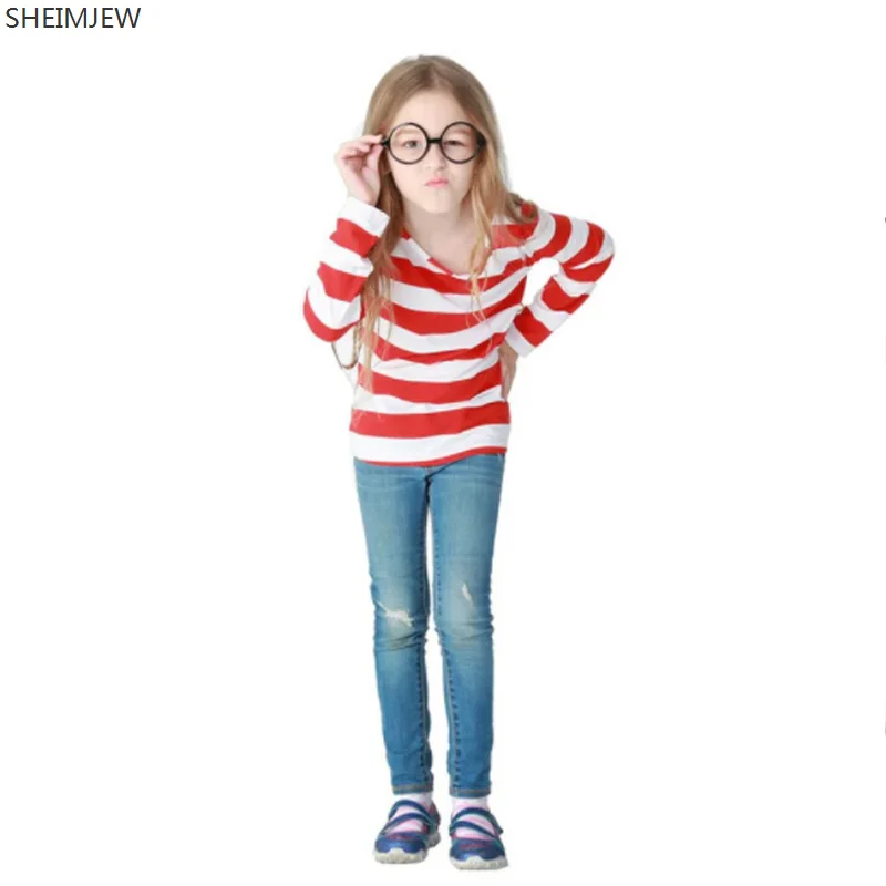 كرنفال تأثيري Kostuum Forperformance الزي S-XXL Ouder-kind الكرتون Wer Is Wally Waldo Kostuum Streep قميص Hoed Bril Kit