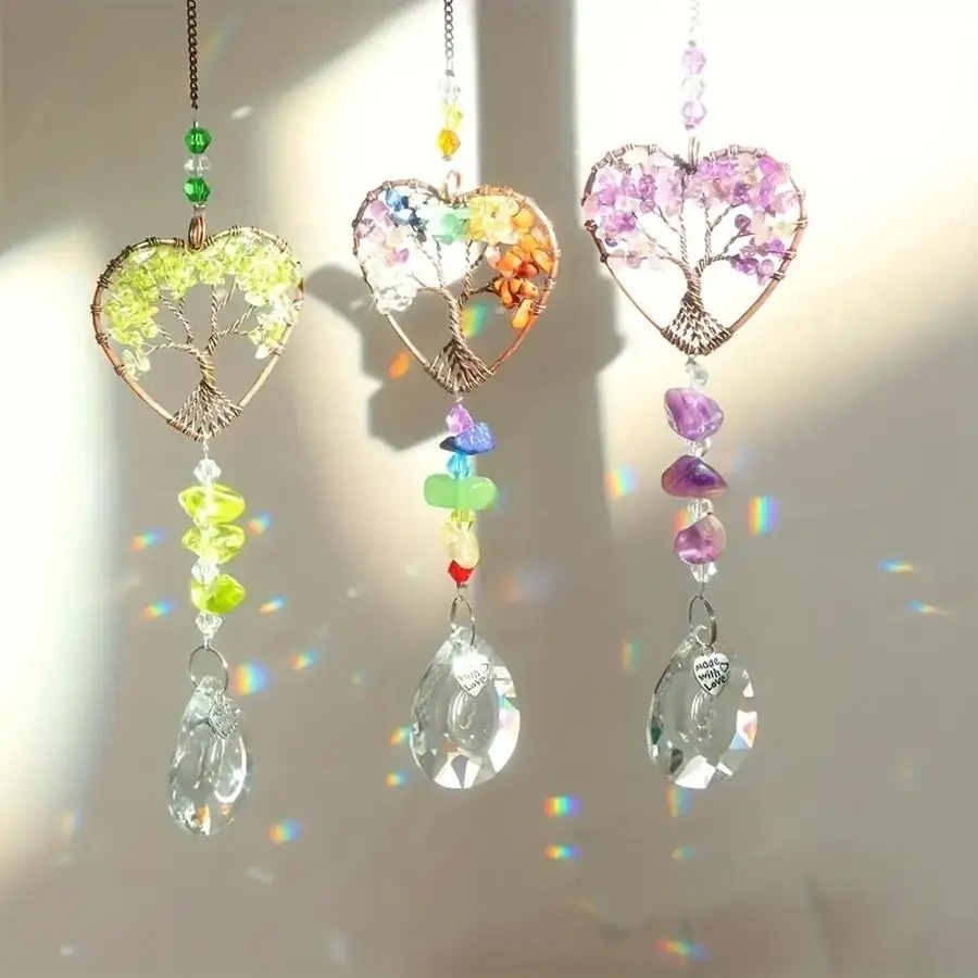 1/5/10/20/50/100pcs 3-Pack Rainbow Crystal Suncatcher Kits, Tree of Life Heart-Shaped Pendant with Chakra Stone Beads, Glass Pri