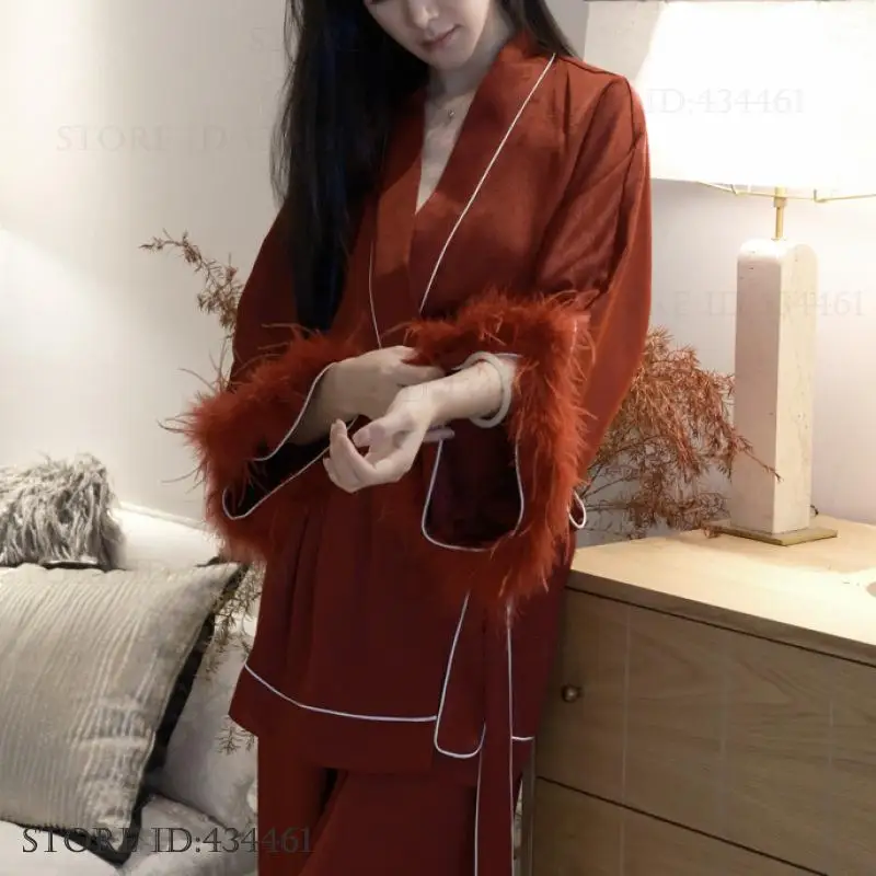 Spring New Women Pajamas Set Luxury Feather Cuffs Bride Wedding Loungewear Pijamas Suit Sexy Burgundy Ice Silk Homewear Pyjama