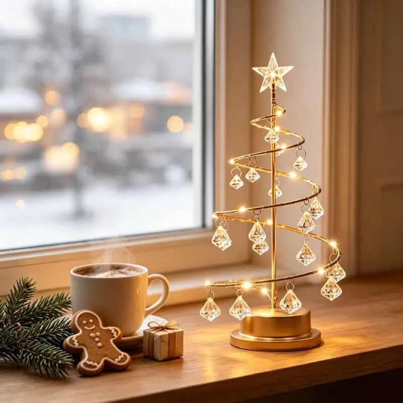 LED Crystal Pendant Christmas Tree Table Lamp with Top Star,Battery Powered Night Lights Indoor Home Room Desk Table Decorations