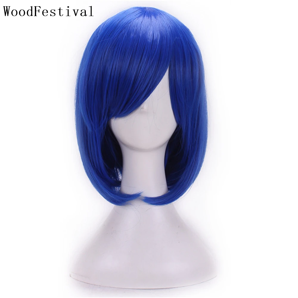 WoodFestival Synthetic Hair Short Bob Wig With Bangs Cosplay Wigs Women Straight Blue Black Pink Green Red Purple Silver Blonde