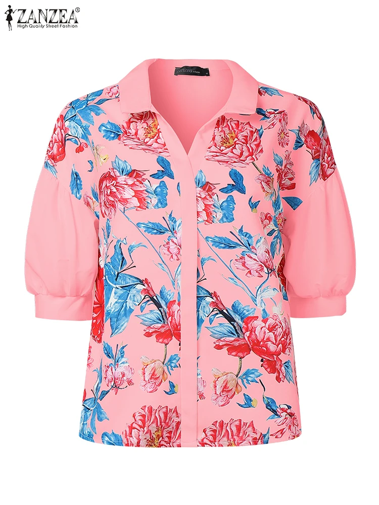 

Fashion Elegant Lantern Sleeve Flowers Shirts ZANZEA Summer Office Work Blouses Women Buttons Blusas Bohemain Holiday Tunic Tops