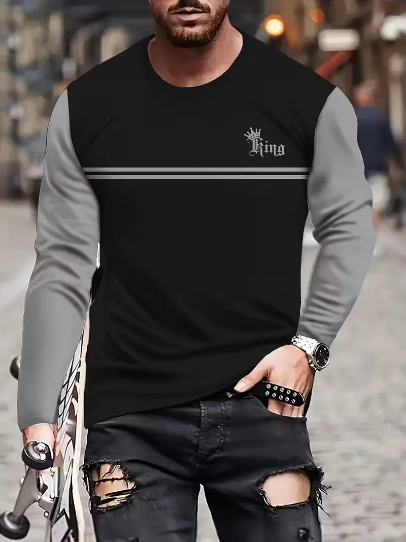 

New loose casual sports versatile fashion printed pattern round neck long sleeved T-shirt men's top2026