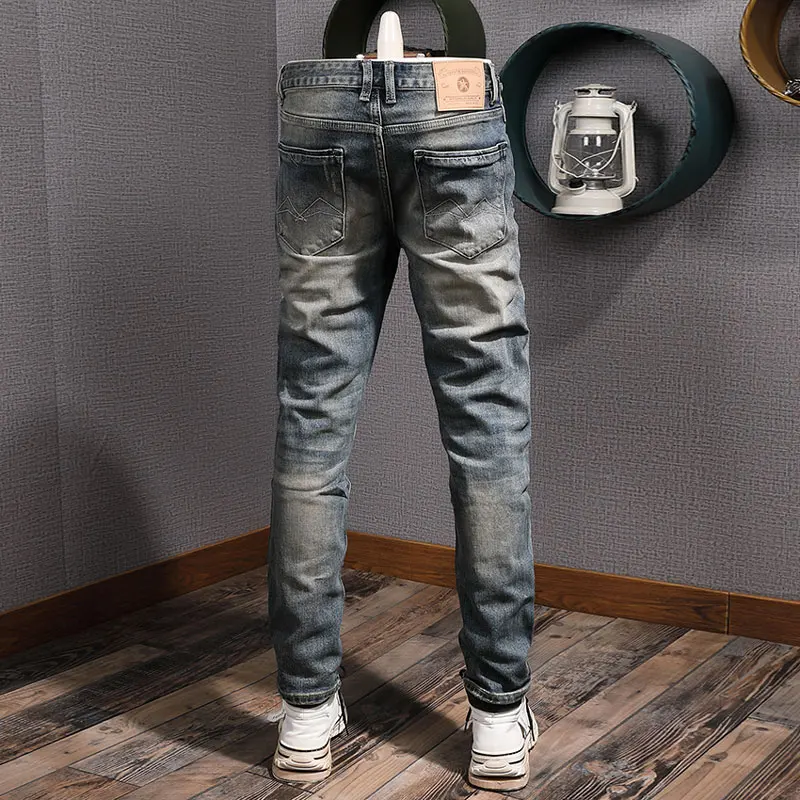 Fashionable new men's jeans, men's embroidered elastic slim fit slightly wrinkled jeans, Italian style designer retro washed blu