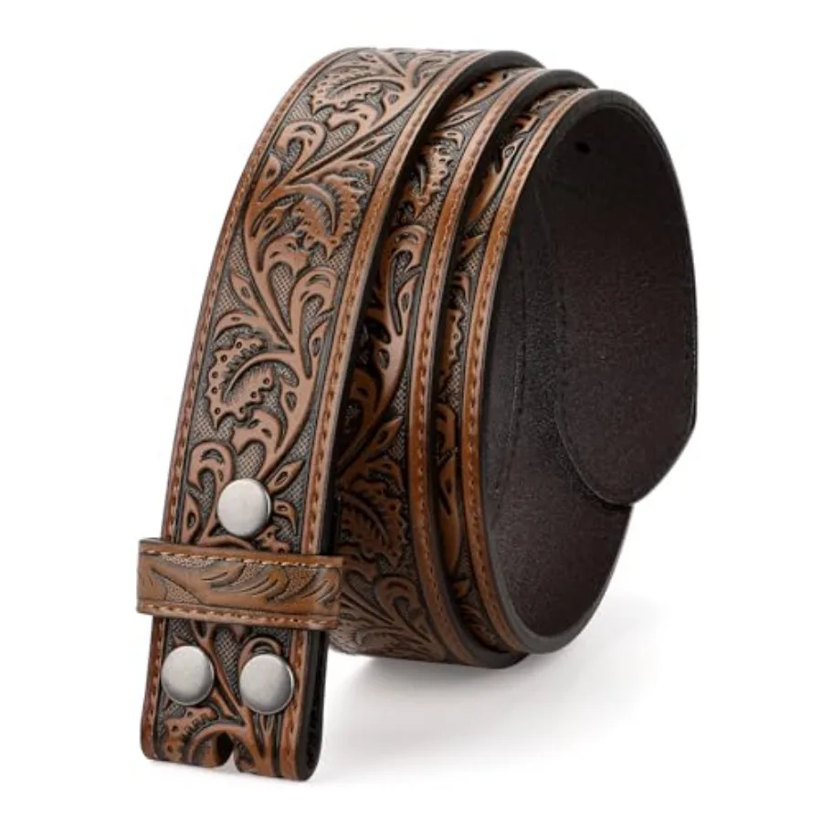 

Western Belt Strap for Men without Buckle 1.5" Wide Floral Engraved Embossed Leather Belt Strap