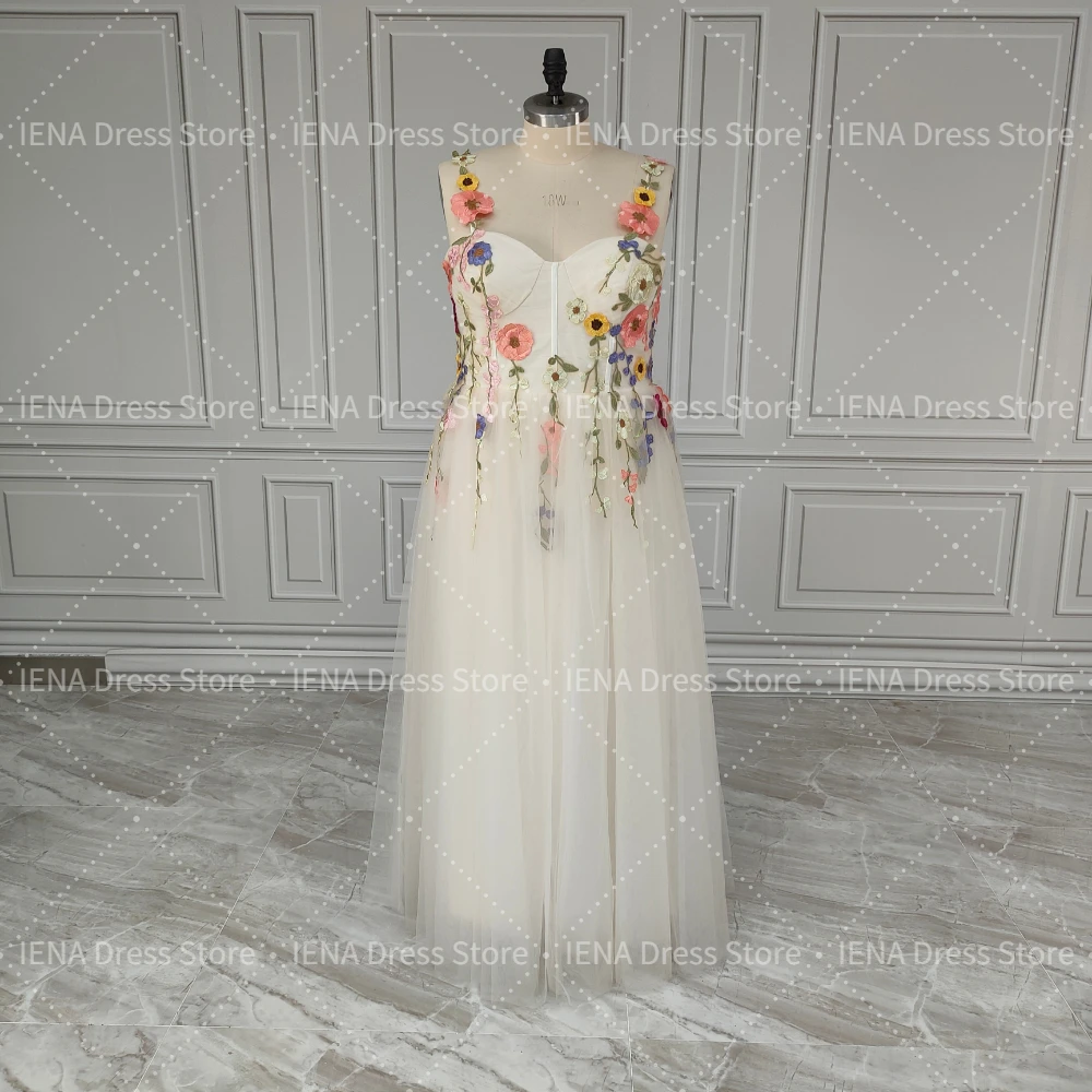 14728 # iena champagne uma linha cintas de espaguete tule vestido de dama de honra com flores 3d vestido de noite vestido de corpete cabido quinceanera