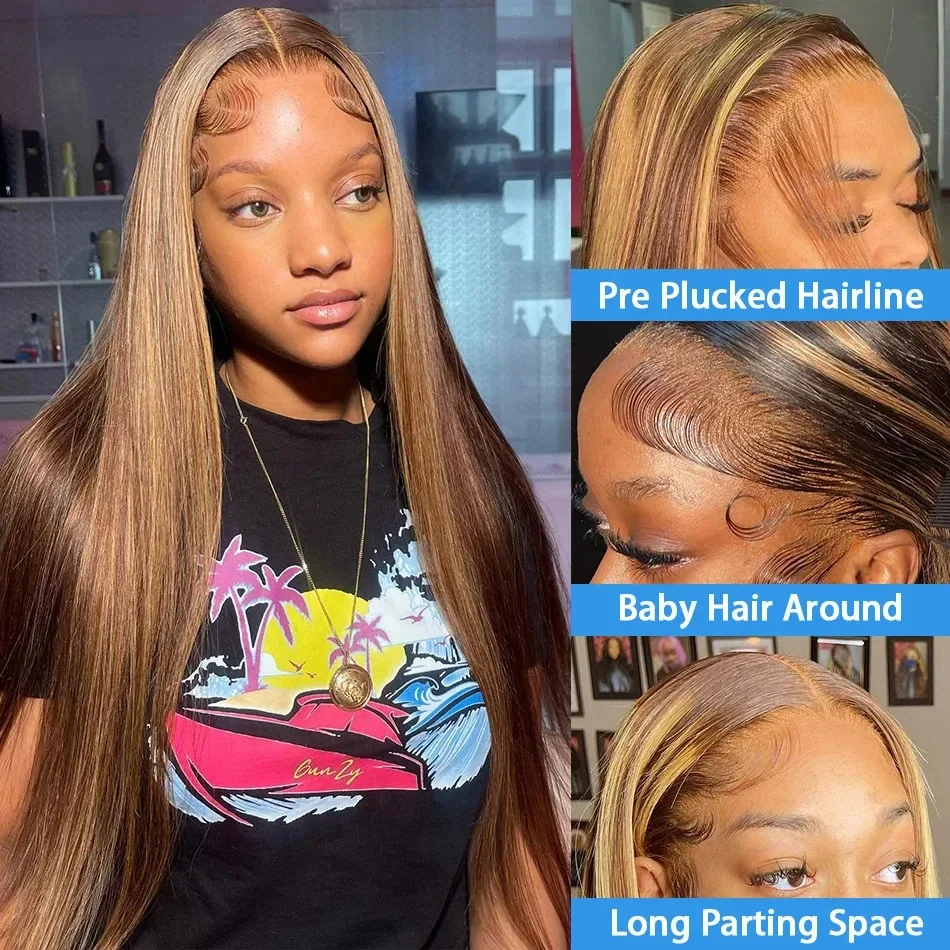 Honey Blonde Highlight Ombre 4/27 Human Hair Wigs Hd Transparent Wig Brown Colored Straight 13x4 13x6 Lace Frontal Wig