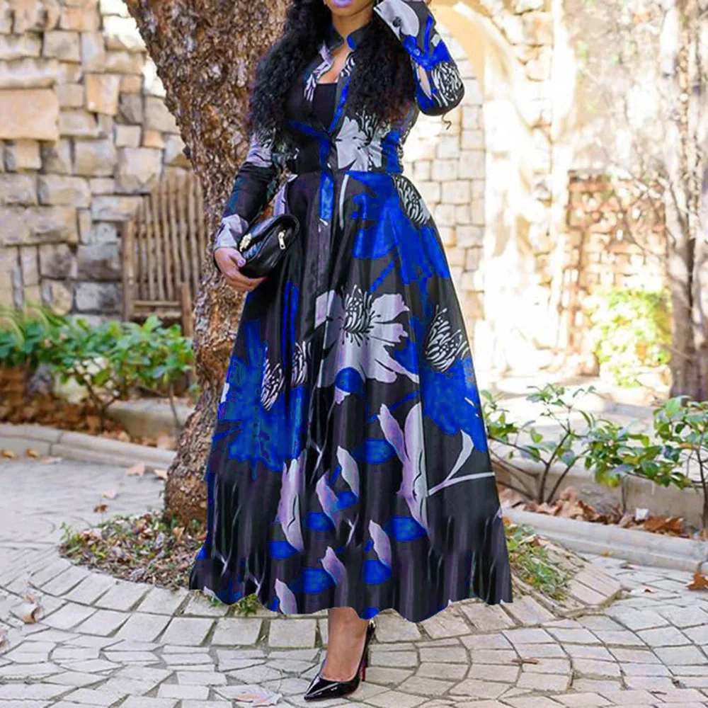 Retro Print Large Maxi Dress Women's Fashion Elegant Office Women's Long Dresses Spring Autumn Casual Long-sleeve Slim Vestidos