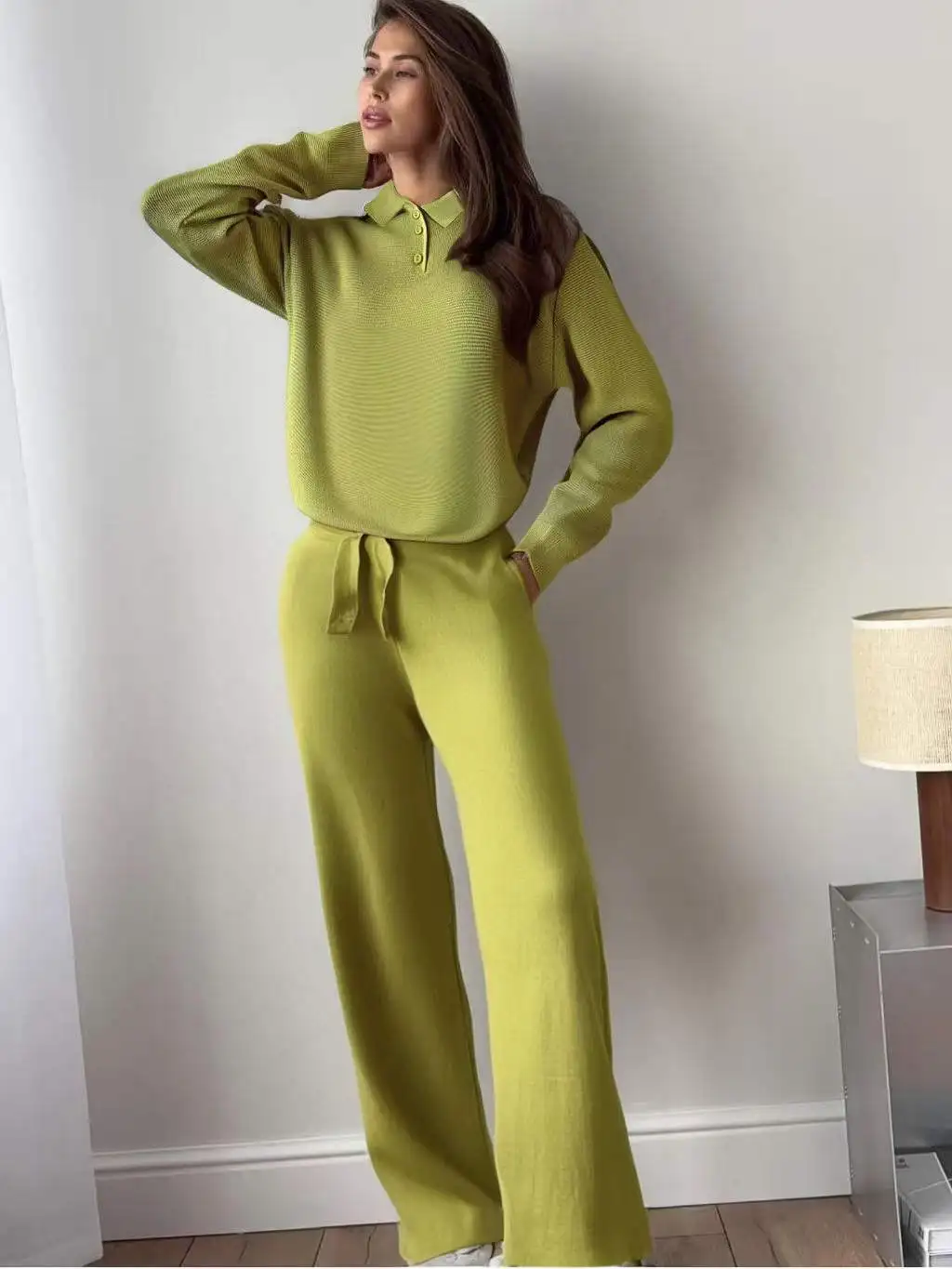 

Свободный крой, длинный вязаный свитер и брюки Sve Ne, осенний комплект для поездок на работу, обычная длина све, однотонный узор