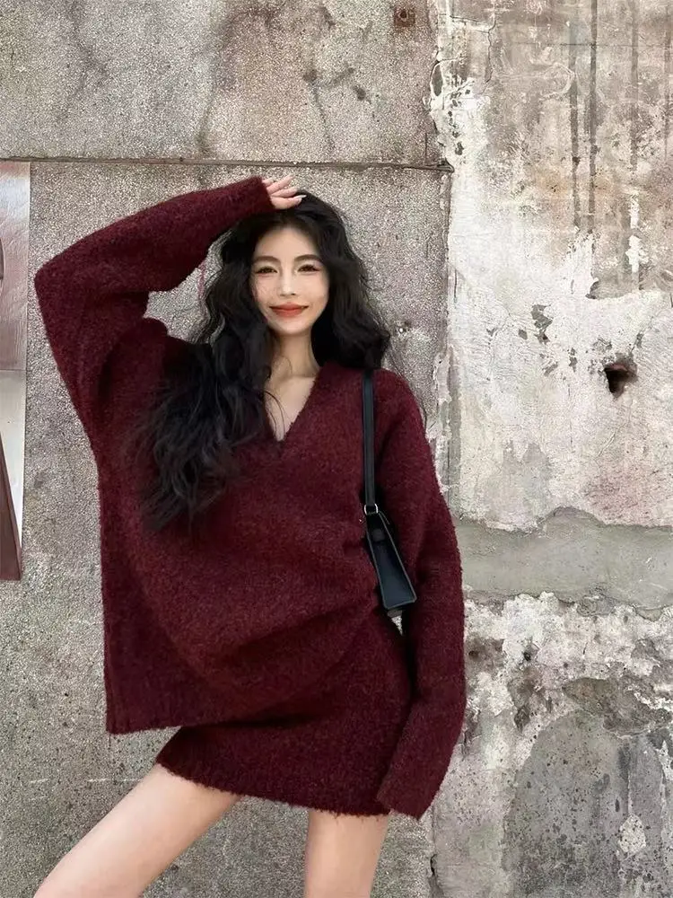 2024 Spring New Korean Loose Lazy V-neck Long Sleeve Knitted Sweater+High Waist Short Skirt Two Piece Set for Women