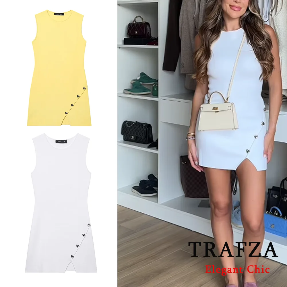 

TRAFZA Women Butter Yellow Mini Dress Sleeveless O-Neck Dress 2025 New Summer High Street Fashion Party Dinner Daily Mujer Dress