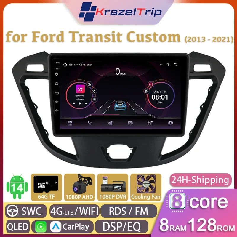 

8 Core Car Radio Stereo for Ford Transit Custom 2013 - 2021 Carplay Android Auto QLED GPS Autoradio 4G DSP RDS Bluetooth FM AM