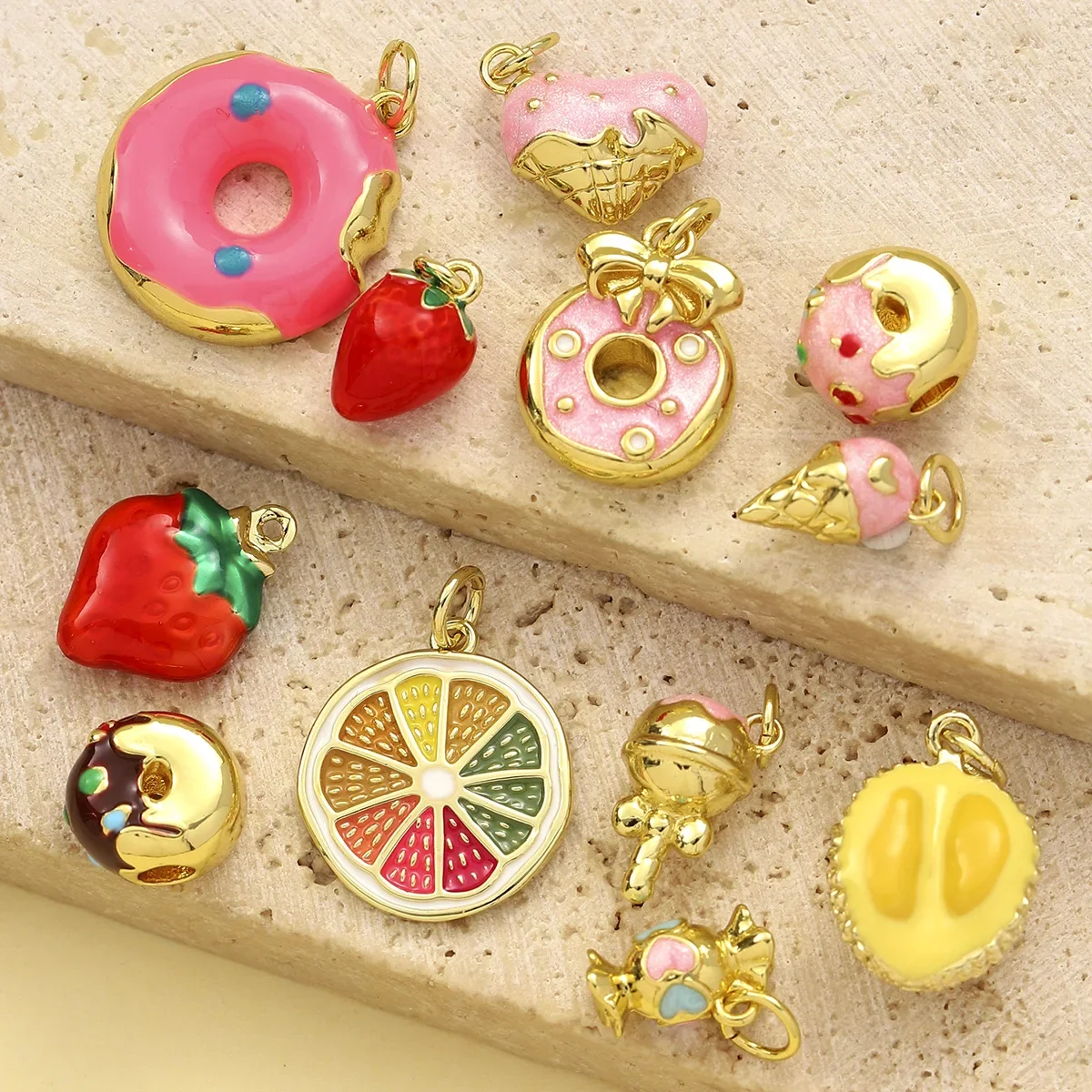 3pcs RedBee Cute Enamel Doughnut Strawberry DIY Charms Women Copper Ice Cream Durian Necklace Pendants Lemon Fruit Jewelry
