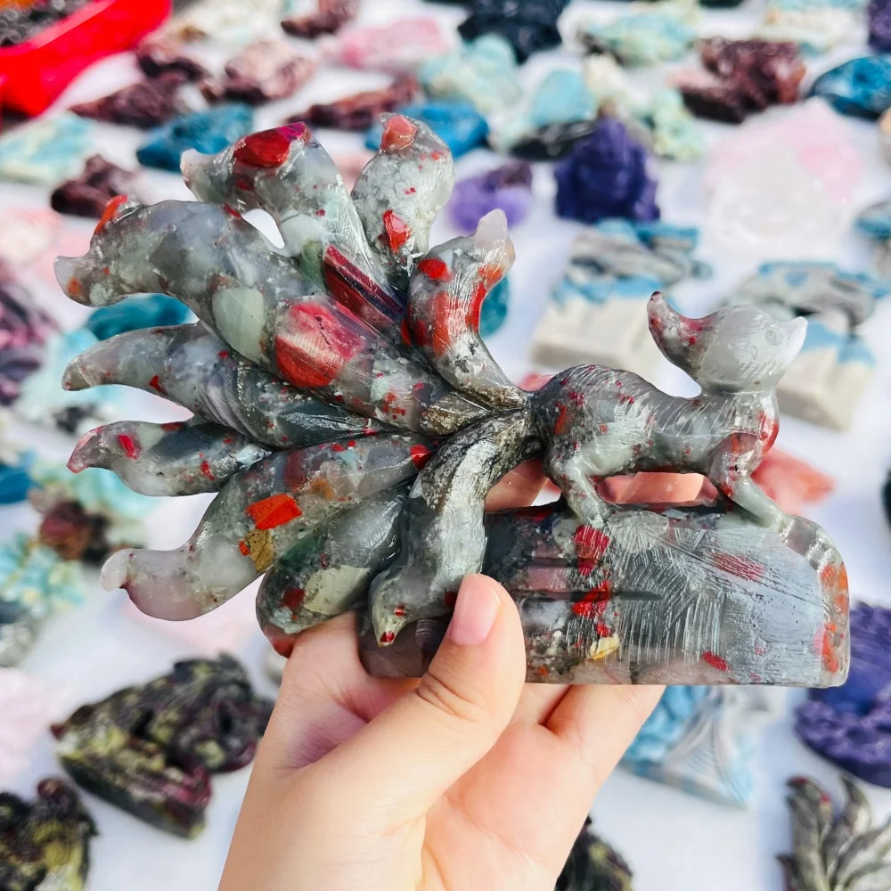 Natural African Bloodstone Nine‑Tailed Fox Carving Crystal Animal Figurine Healing Stone Home Decoration Ornament