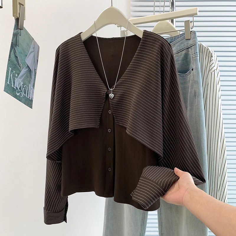 Spring Autumn New Korean Design Sense Asymmetrical Stripe Splicing Anti-Aging All-Match High-End Feeling T-Shirt Hoodie