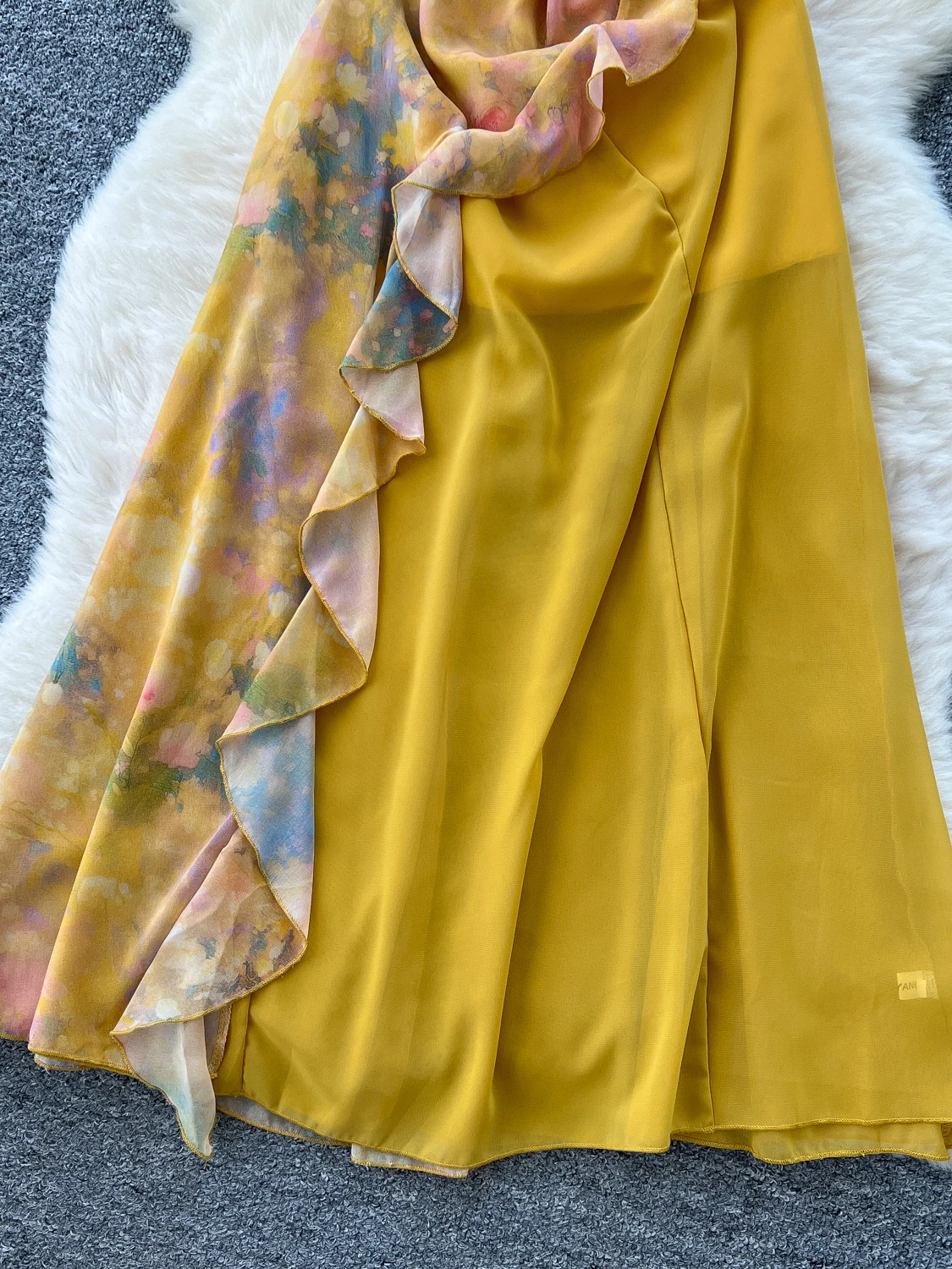 Pure Desire Design Unregelmäßige Spleißen Floral Chiffon Dr Frauen 3D Blume Taille Cinching Strap Lange Dr Koreanische Sle High...