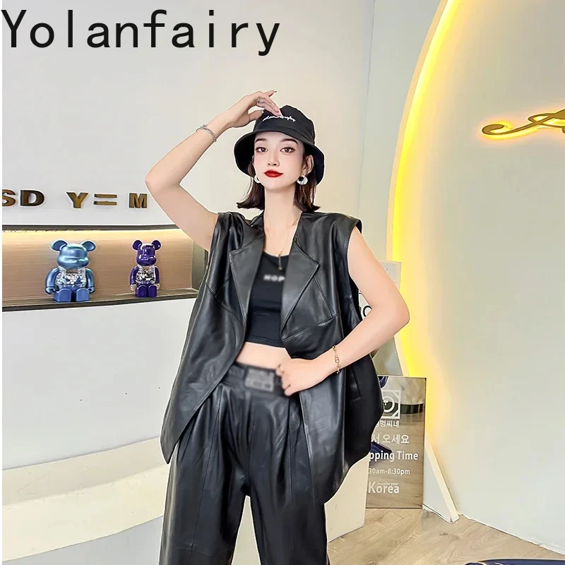Genuine Leather Jacket Women Sleeveless Leather Vest for Women Casual Sheepskin Leather Jackets Women Black Vest Suit Collar