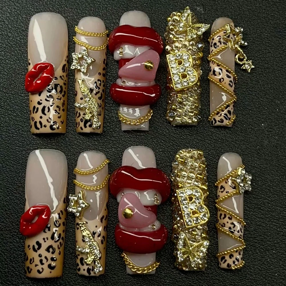 10 قطعة Y2K اليدوية الساخن فتاة اضغط على الأظافر شخصية نمط ساحة الشفاه الصدر الفرنسية هلام قذيفة سلسلة تصميم الأظافر ملصق