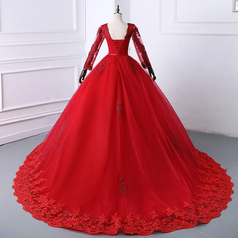 Vestido para quinceañeras de encaje con cinturón de manga larga y tren de barrido, vestido de fiesta de lujo para graduación, Vestidos de talla grande 15 para niña personalizado