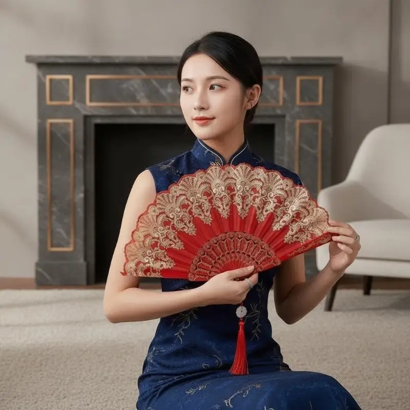 Elegant Chinese Lace Folding Hand Fan with Tassel Vintage Accessory for  Theme Party Retro Banquet Event Decor