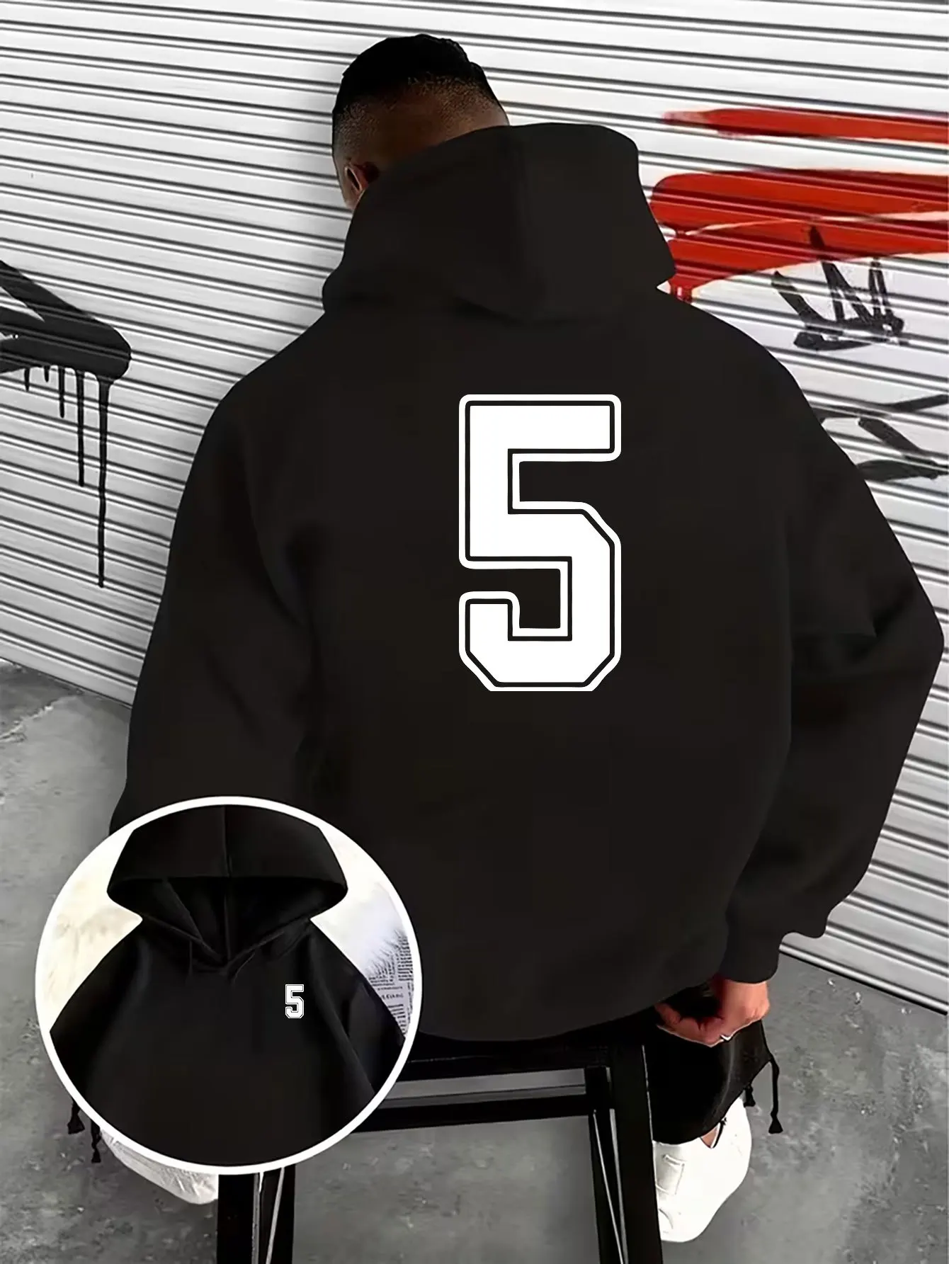 Minimalist Bold White Number 5 Versatile Men's Trendy Printed Hooded Sweatshirt, Double-Sided Creative Print Pattern on Front