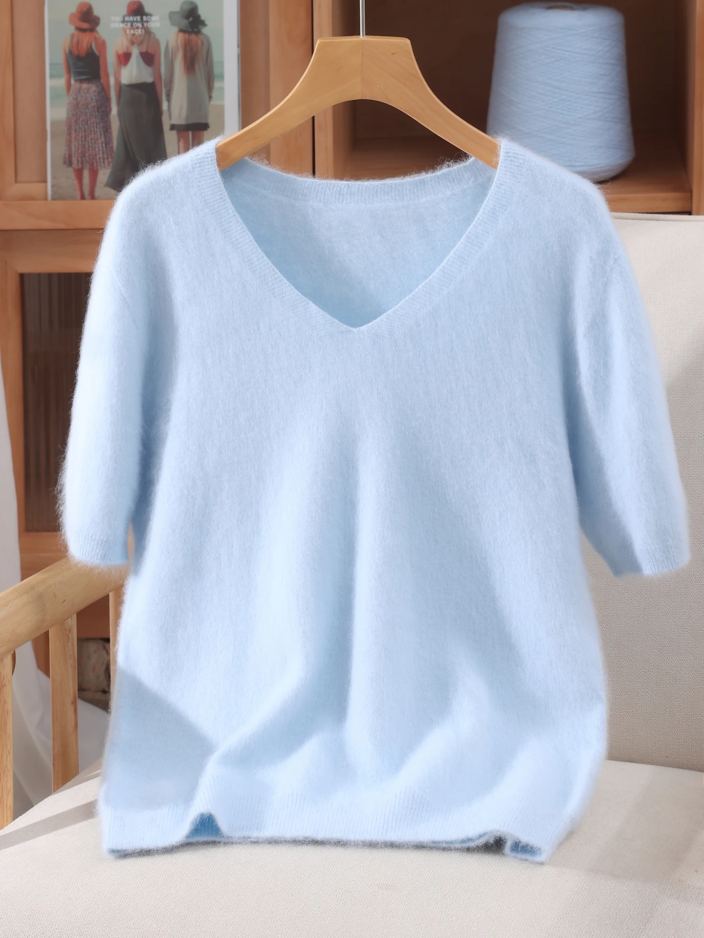 

Женский вязаный свитер из 100% чистого норкового кашемира с короткими рукавами, футболка с v-образным вырезом, однотонный весенне-осенний повседневный топ, пуловер