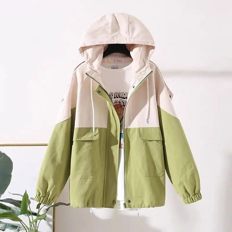 

Spring Autumn New Loose Large Size Contrast Fresh Student Hooded Windbreaker Women Cotton Baseball Jersey Women Coat Parkas