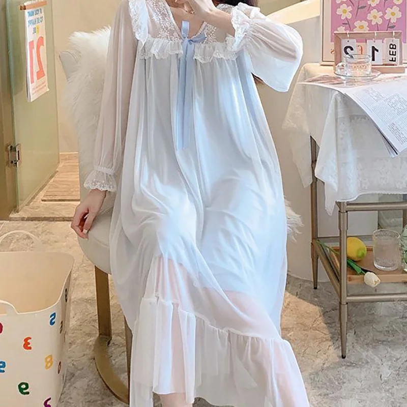 White Princess Sleepwear Long Sleeve Fairy Pajamas Nightgowns for Women Autumn Spring Vintage Nightdress Home Suit