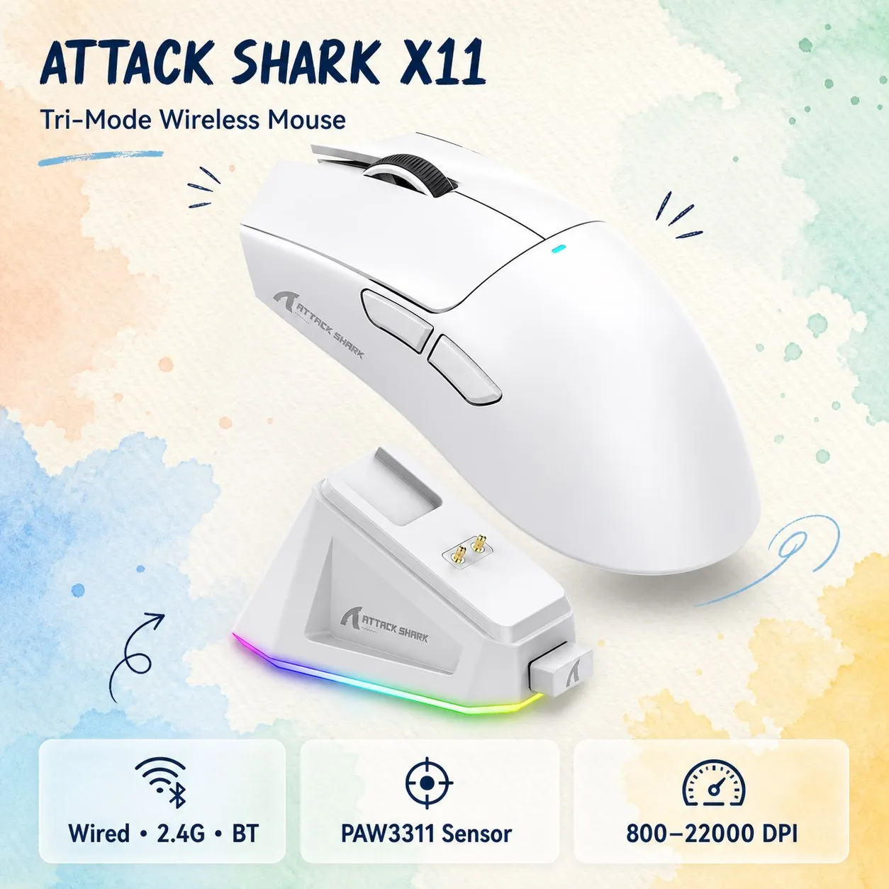 Mouse Gamer Leve Tri-Mode ATTACK SHARK X11, PAW3311, 22000DPI, 400IPS, 40G, Taxa de Retorno de 1K, Carregamento Rápido Magnético