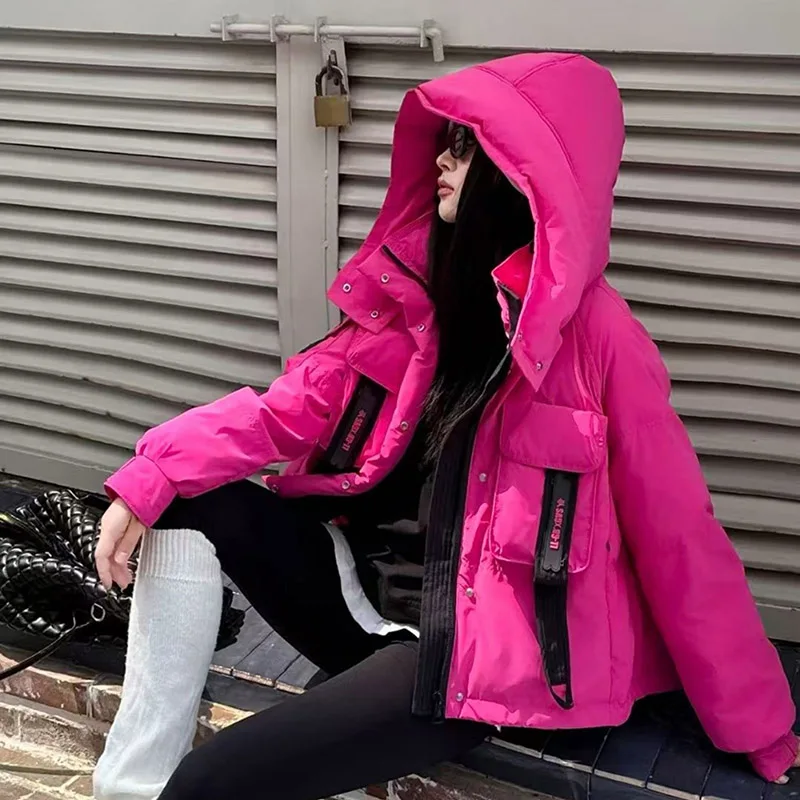 Daunenjacke mit Kapuze, Damenbekleidung, 2025, neues Spleißen, modisch, vielseitig, kurz, locker, Damen-Daunenjacke, weiblich, Parker H567