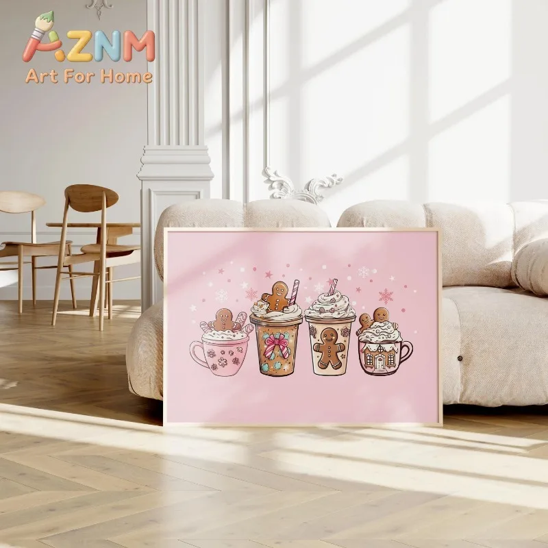 Cute Pink Christmas Cocoa Cups Gingerbread Man Snowflake Holiday Art Print Unframed Canvas Wall Art for Living Room Home Decor