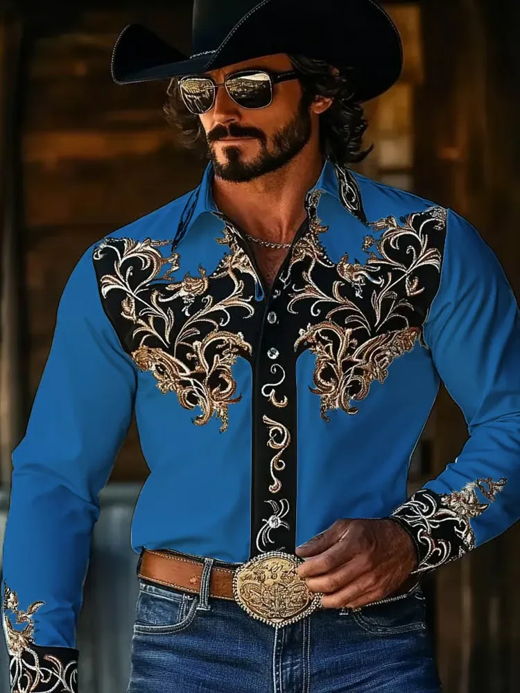 S-9XLPlusSize Men Western Cowboy Embroidered Long Sleeve Shirt, Vintage Floral & Horse Print Button-Down, Multi-Colors Available