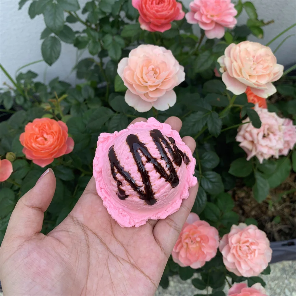 One Scoop Of Ice Cream Faux Food Model Party Decoration Strawberry ASMR Ball with Chocolate Sauce Cute Sound Pvc Solid DIY Edge