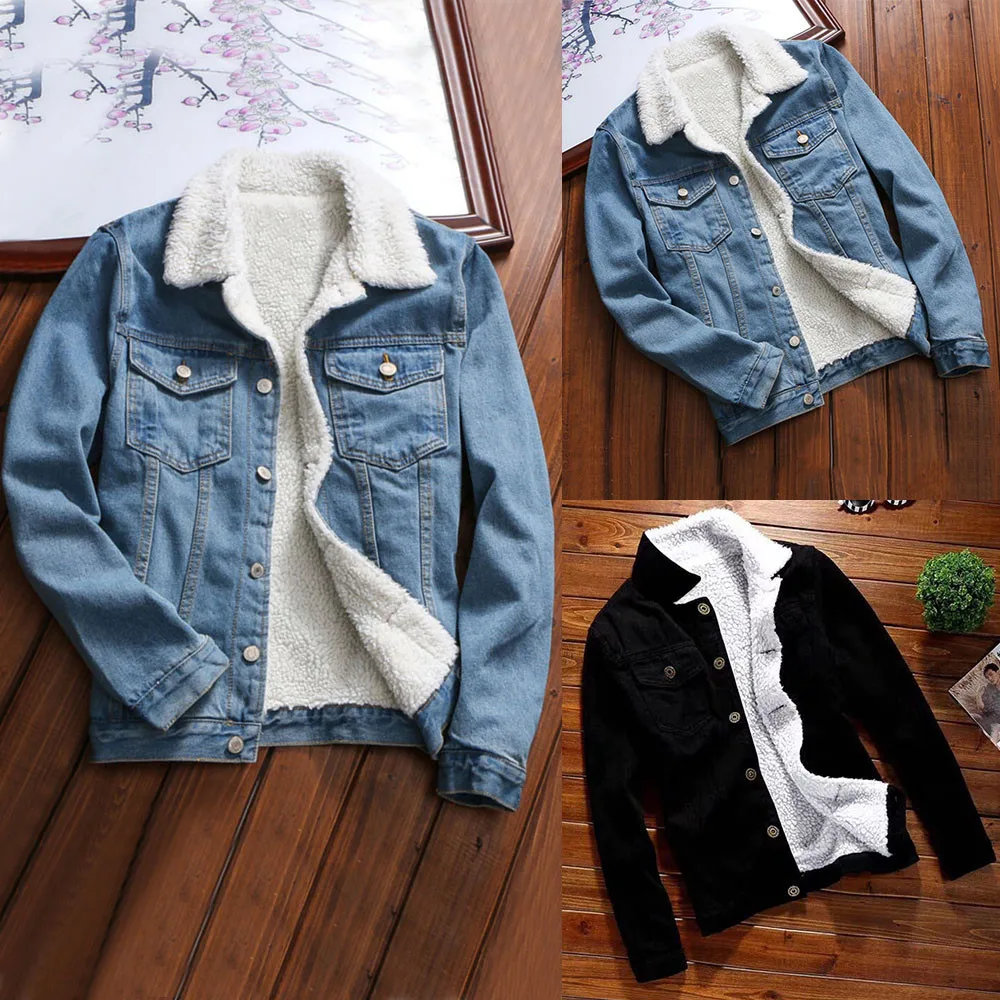 

Women Jean Jacket Thicken Lamb Cashmere Lining Solid Color Coldproof Outerwear Winter Single Breasted Denim Coat Streetwear