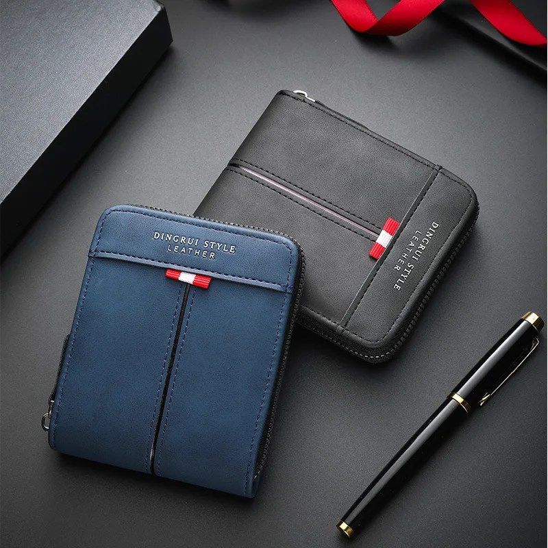 PU leather spliced men's wallet, short and simple three-fold multi-functional zipper coin purse for young people