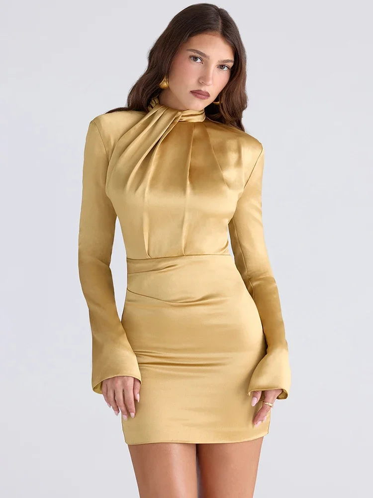 

Satin Long Sleeve Sexy Mini Dress Women Gown Fashion Elegant Turtleneck High Waist Bodycon Club Party Dresses Female