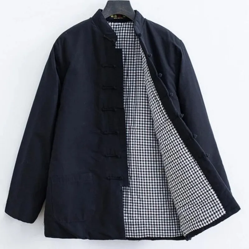 Men's Traditional Chinese Vintage Top Men's Hanfu Tang Suit Winter Warm Cotton Jacket Standing Collar Button Kung Fu Coat