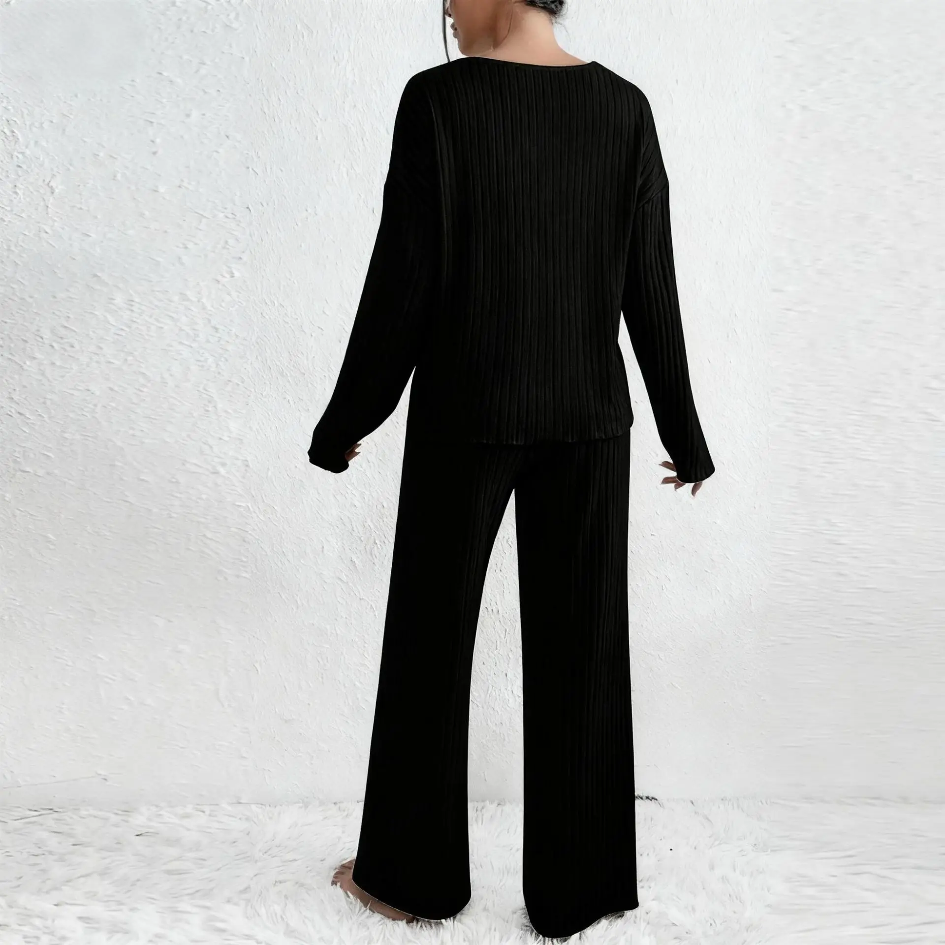 Damen Geripptes Strick-Zweiteiler-Set V-Ausschnitt Langarm-Oberteil Weite Hose Herbst Locker Lässige Loungewear Eleganter Hausanzug – Detail 21