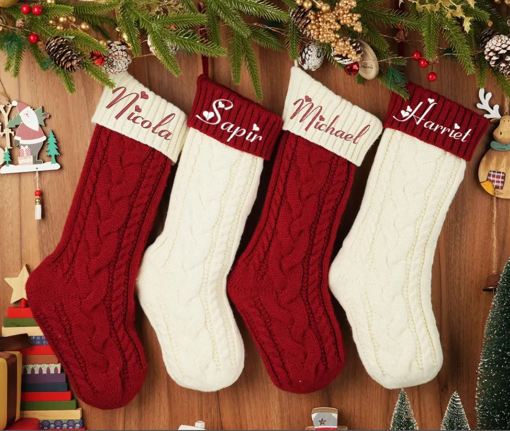 Embroidered Christmas Stocking,2024 Christmas Family Stocking，Personalized Family Christmas Stockings,Knitted Stocking With Name