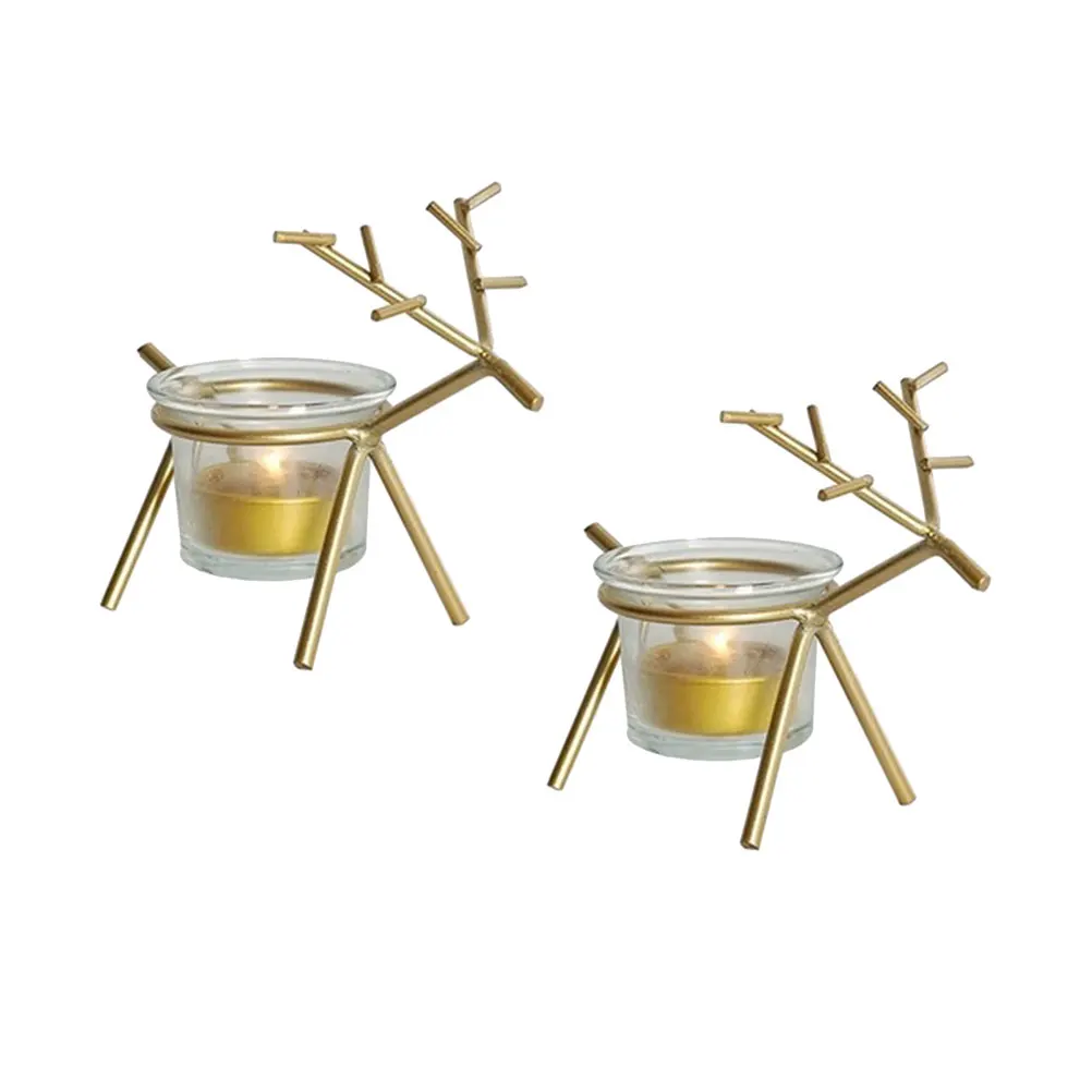 

2 Pcs Vintage Christmas Decor Golden Elk Stand Reindeer Tealight Holder Votive Tealights Candleholder