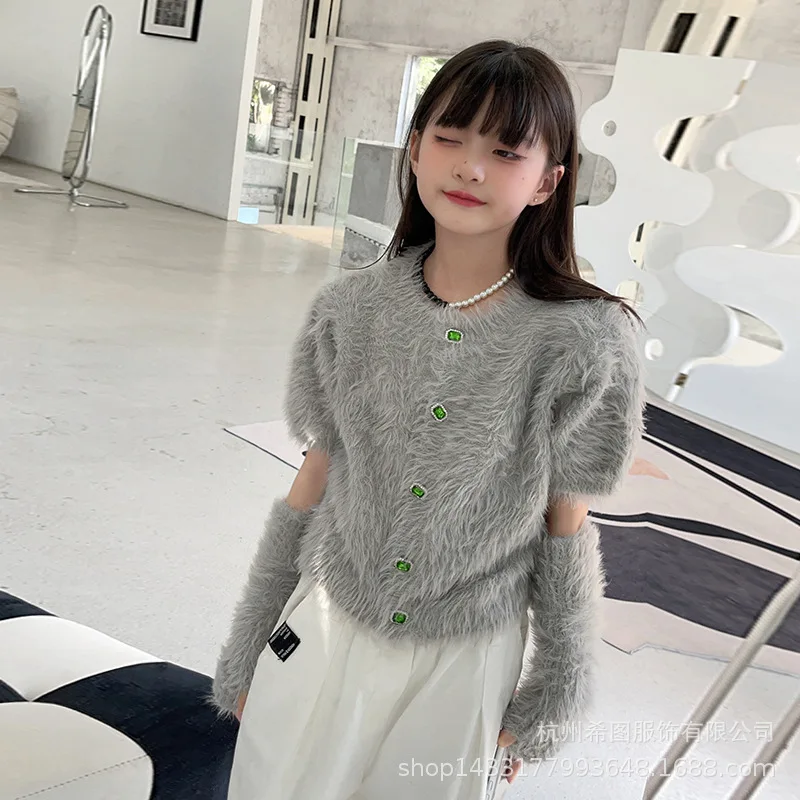 

Girls' Solid Color Plush Top 2022 Autumn/Winter New Imitation Mink Short Sleeve Top with Sleeve Tide