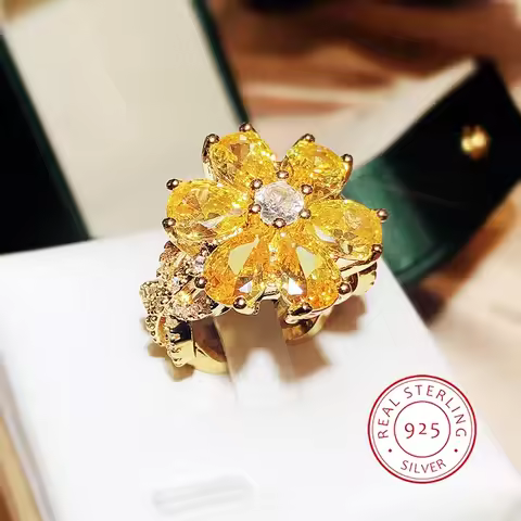 New Women's Ring Shiny Yellow Zircon Flowers Beautiful Silver Plated Party Jewelry Peach Blossom Ring Jewelry Anniversary Gift