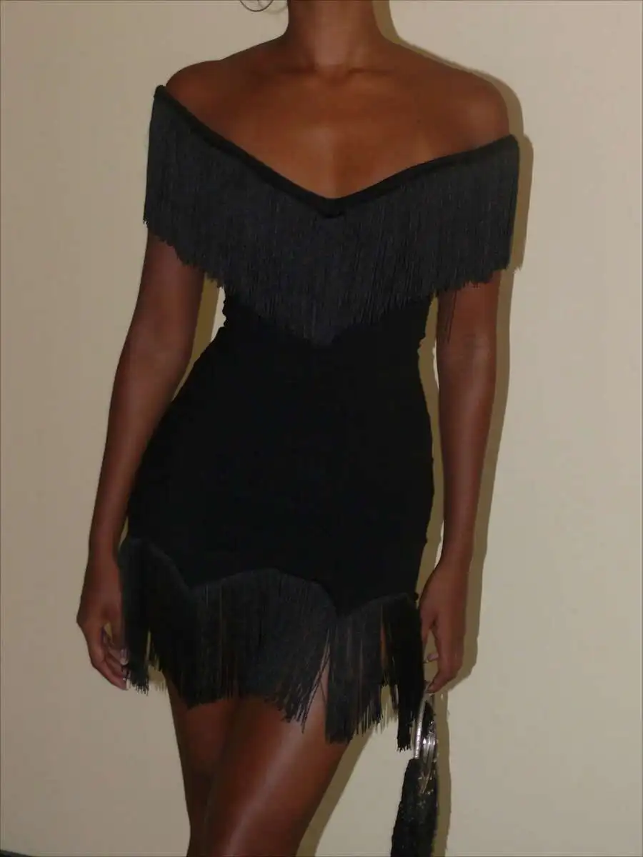

Black Off Shoulder Fringe Mini Dress For Women Party Club Evening Wear