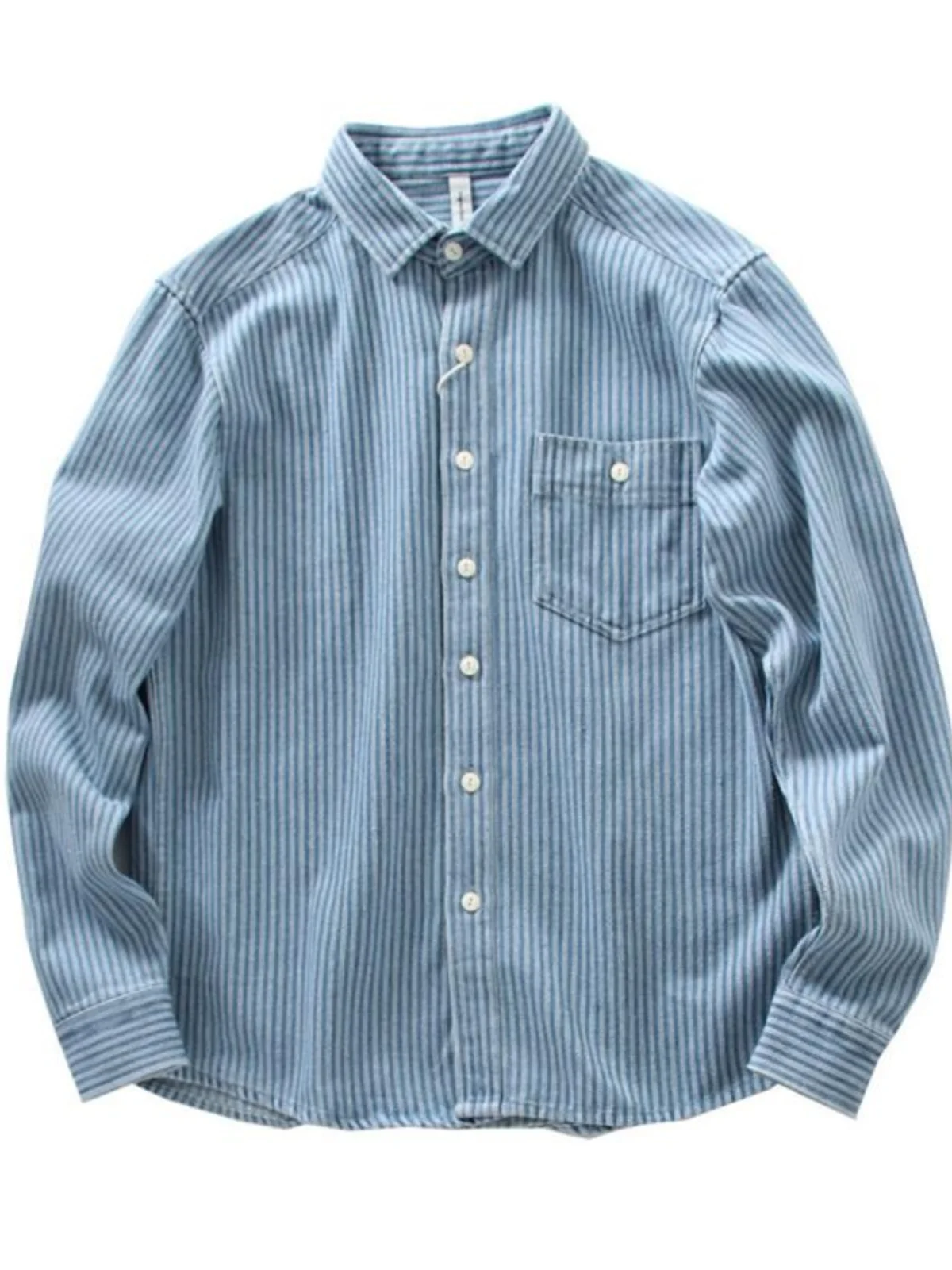 

American Sle Casual Striped irt Men's Japanese Retro Heavyweight Loose Long Sve Workwear irt Khaki Jaet Spring 2023