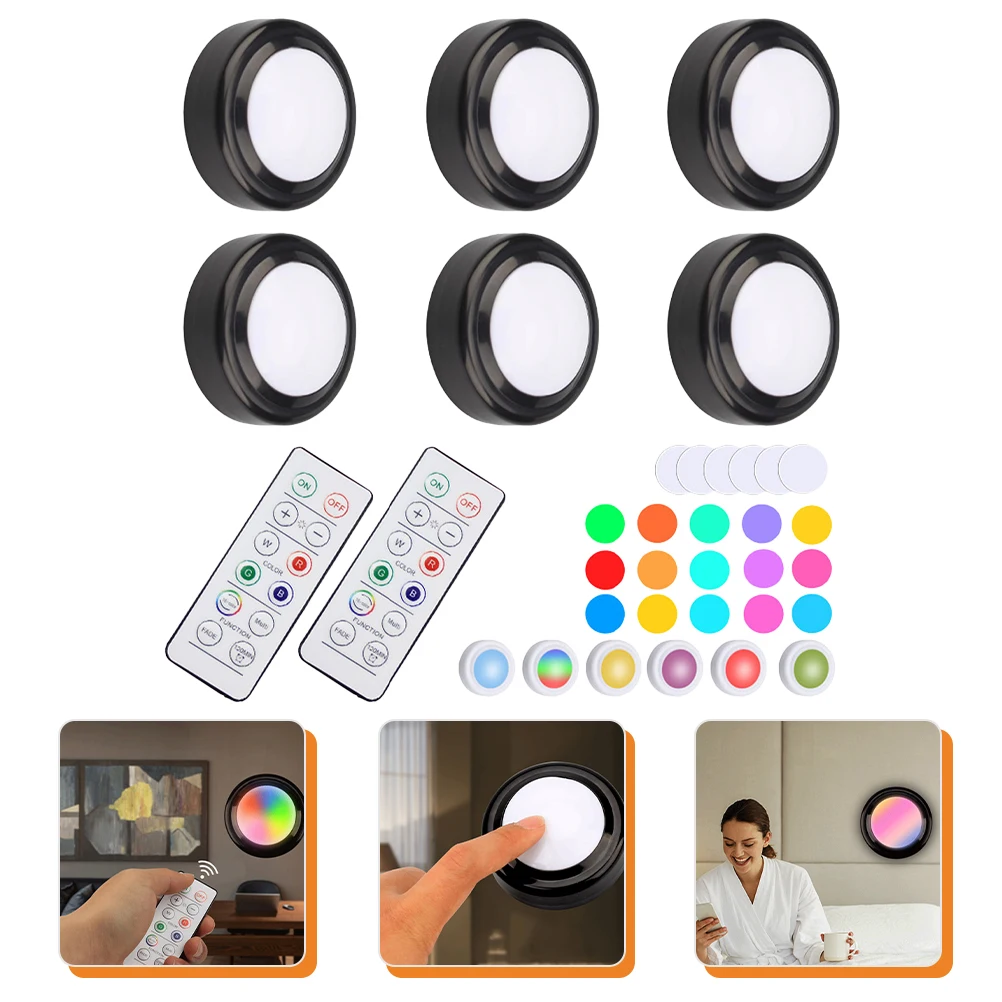 

6 шт. светодиодных светильников-шайб с сенсорным и дистанционным управлением, работающих от батареек, для установки под шкафы в спальне, ванной, на полки, в гардеробе