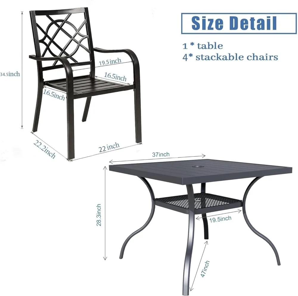 SUNCROWN 5-Piece Outdoor Wrought Iron Chairs and Table Patio Dining Furniture Set - 4 Stackable Metal Chairs, 1 Steel Slat