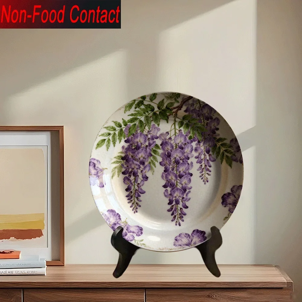 1pc Elegant Purple Wisteria Floral Ceramic Decorative Plate - Non-Food Contact Tabletop Decor with Golden Rim, Intricate Flower