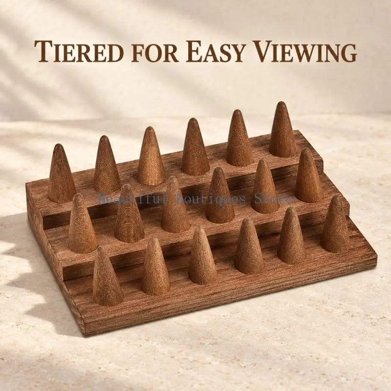 U4LF Tiered Ring Holder Display Stand Set in Solid Wood, Individual Cone Positions for Easy Selection on Vanity Tops or Counters