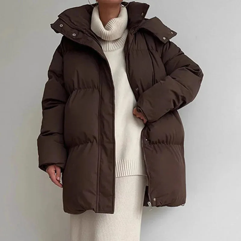 2025 Winter Mode Casual Lace-up Getailleerde Capuchon Halflange Jas Voor Vrouwen Elegante Effen Verdikte Katoenen Jas warme Jas